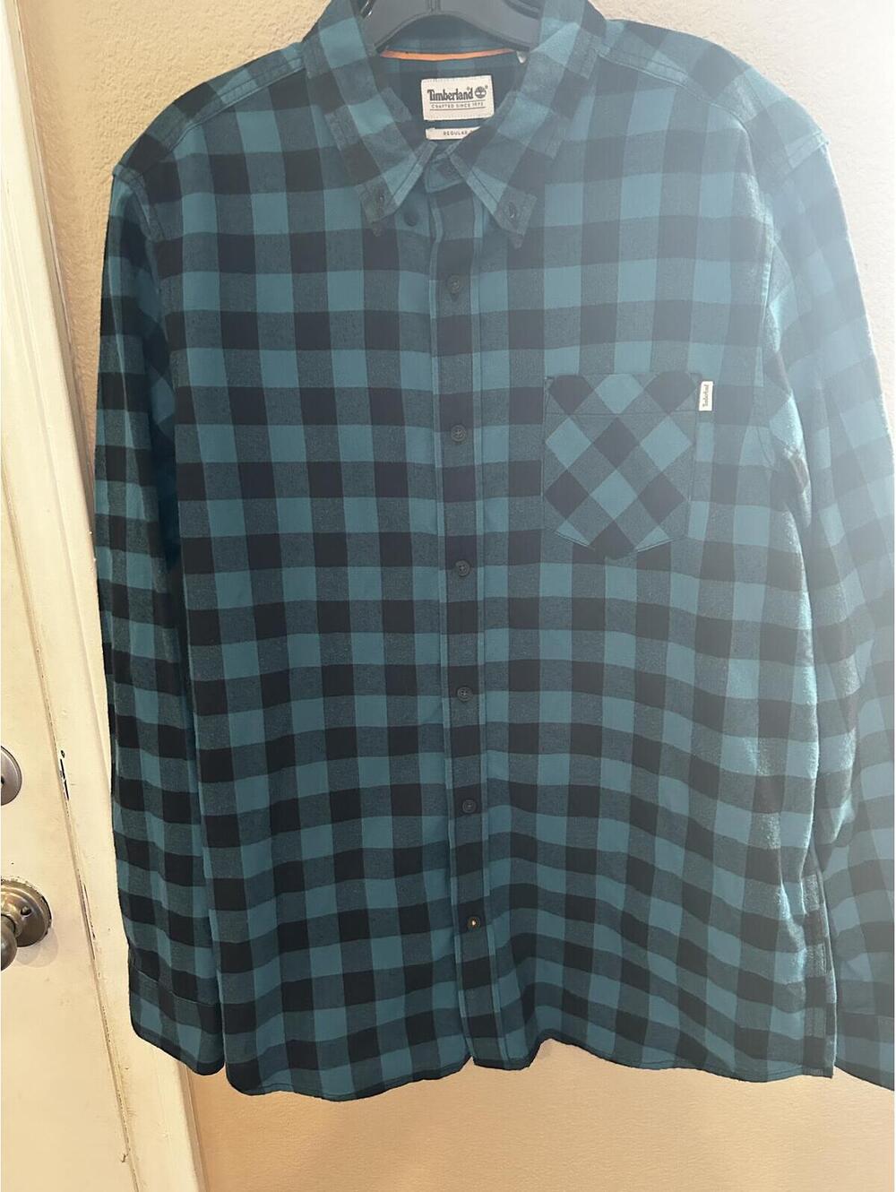 Timberland Men's Turquoise and Black Checkered Button-Up Shirt Large
